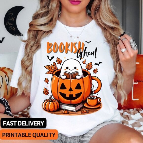 Gildan Tops - Bookish Ghost Pumpkin Shirt, Cute Artsy Trendy Bookish Halloween T-Shirt